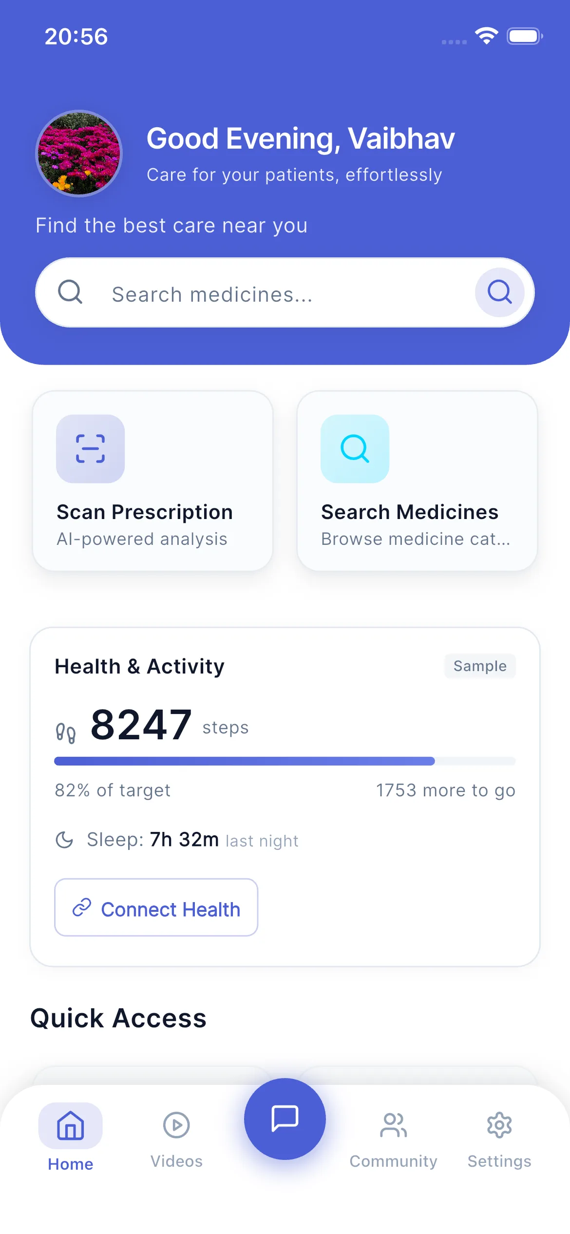 Medzimi patient home with medicine search, Scan Prescription and a step counter