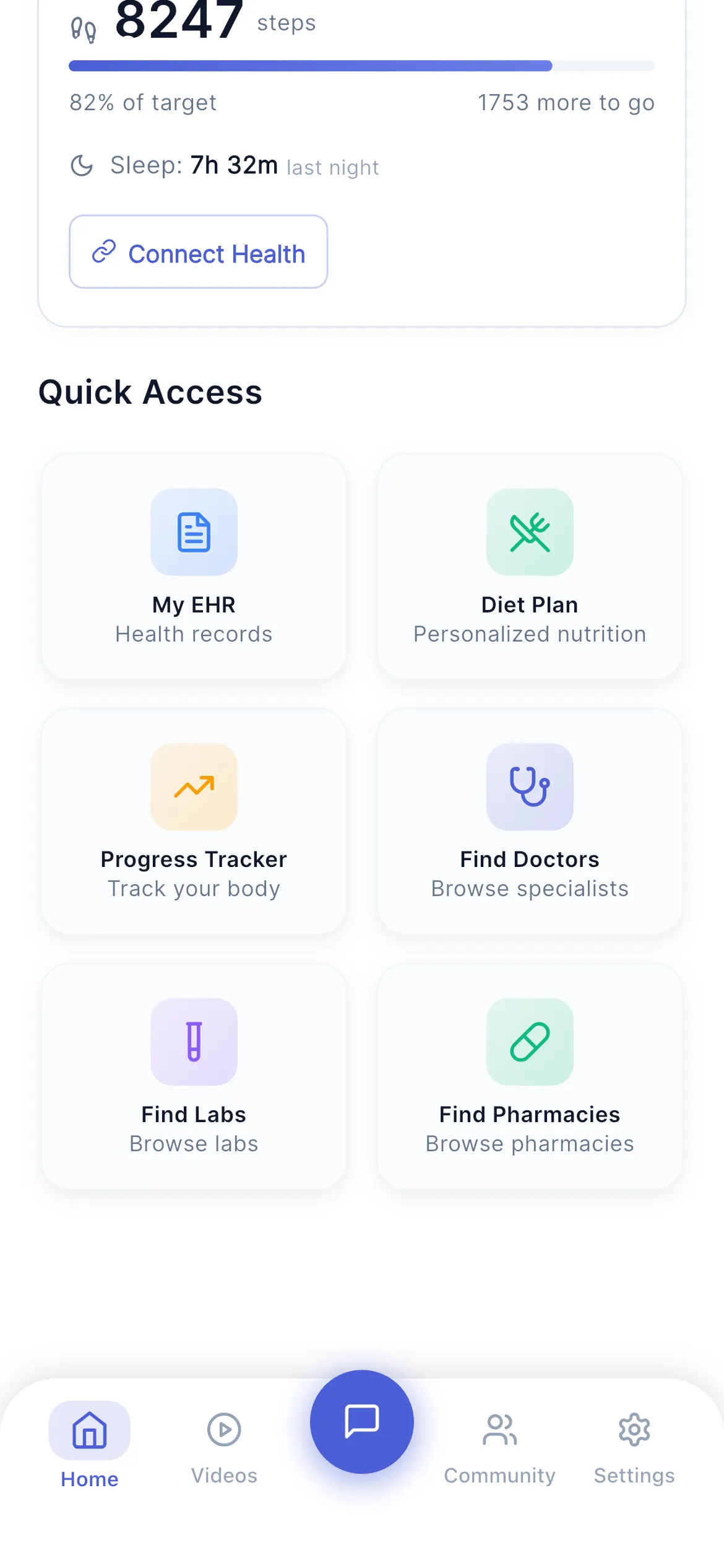 Quick access grid: health records, diet plan, progress tracker, doctors, labs, pharmacies