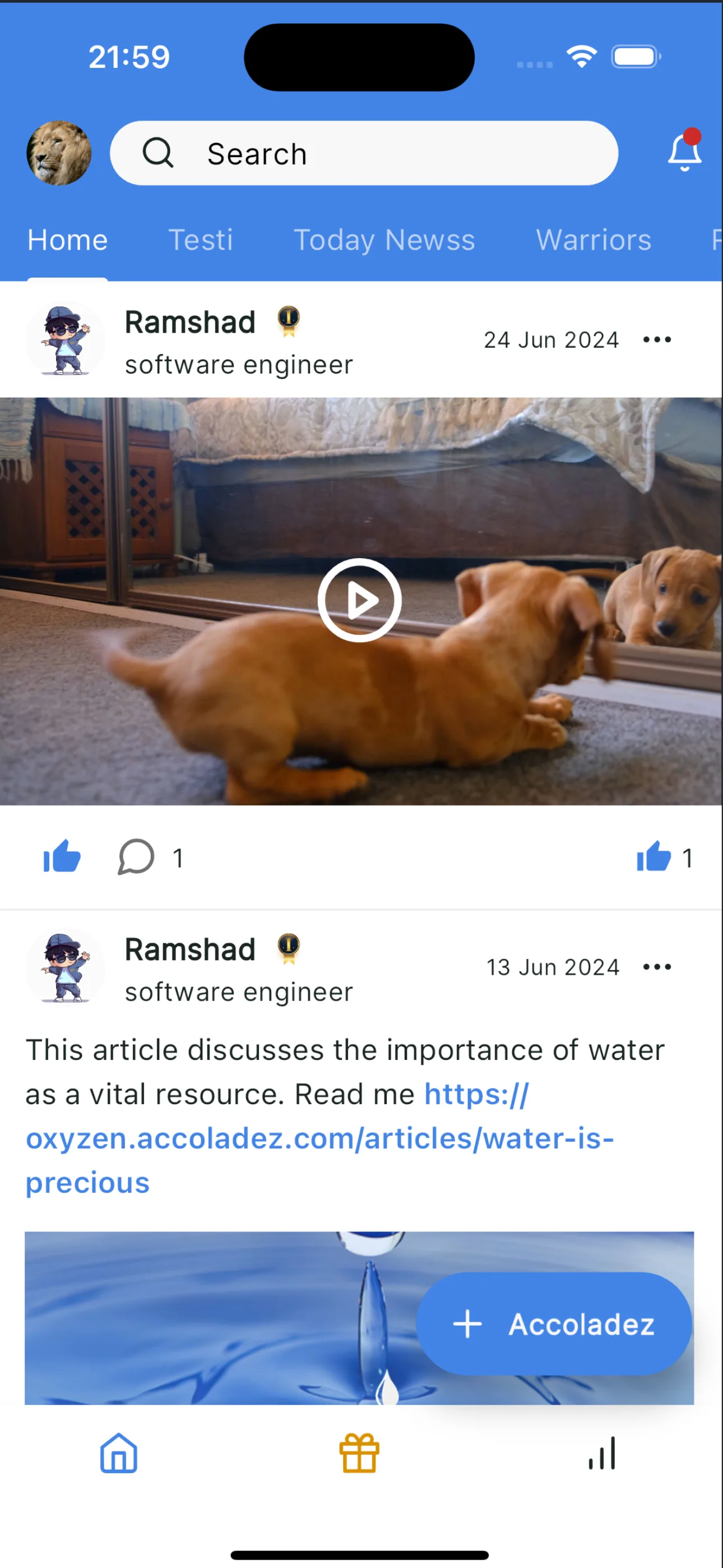 Oxyzen feed on iPhone with channel tabs, a video post and an article post